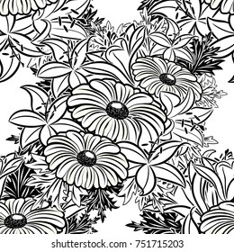 seamless monochrome pattern of flowers for greeting cards, background, price tags