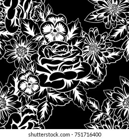 seamless monochrome pattern of flowers for greeting cards, background, price tags