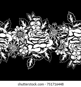 seamless monochrome pattern of flowers for greeting cards, background, price tags
