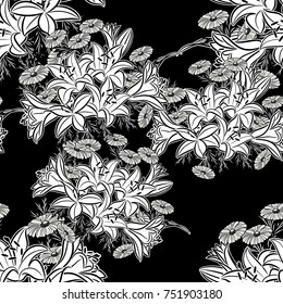 seamless monochrome pattern of flowers for greeting cards, background, price tags