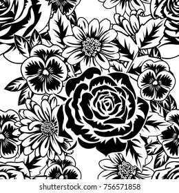seamless monochrome pattern of flowers for greeting cards, background, price tags