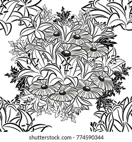 seamless monochrome pattern of flowers for greeting cards, background, price tags