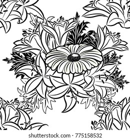 seamless monochrome pattern of flowers for greeting cards, background, price tags
