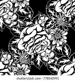 seamless monochrome pattern of flowers for greeting cards, background, price tags