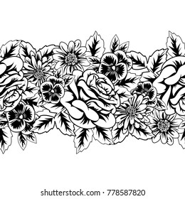 seamless monochrome pattern of flowers for greeting cards, background, price tags