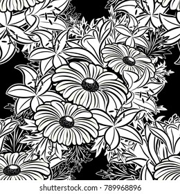 seamless monochrome pattern of flowers for greeting cards, background, price tags