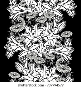 seamless monochrome pattern of flowers for greeting cards, background, price tags