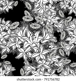 seamless monochrome pattern of flowers for greeting cards, background, price tags