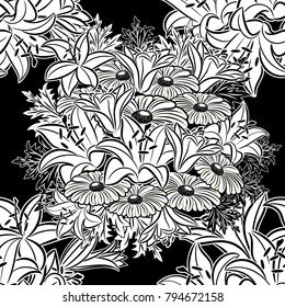 seamless monochrome pattern of flowers for greeting cards, background, price tags