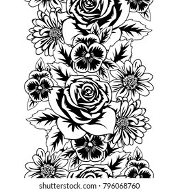 seamless monochrome pattern of flowers for greeting cards, background, price tags