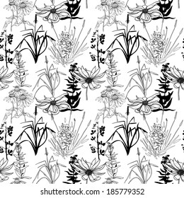 Seamless monochrome pattern with flowers and herbs
