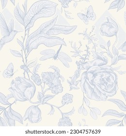 Seamless monochrome pattern with flowers. Wallpaper. Background with sketch flowers and birds. Retro graceful style. Design for textile, wallpaper, web, paper, invitation, cover. Floral backdrop