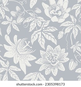 Seamless monochrome pattern with flowers. Wallpaper. Background with sketch climbing flowers. Retro graceful style. Design for textile, wallpaper, web, paper, invitation, cover. Floral backdrop