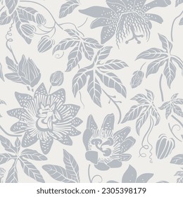 Seamless monochrome pattern with flowers. Wallpaper. Background with sketch climbing flowers. Retro graceful style. Design for textile, wallpaper, web, paper, invitation, cover. Floral backdrop