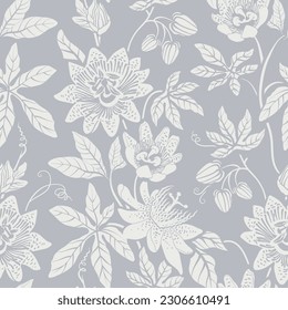 Seamless monochrome pattern with flowers. Wallpaper. Background with sketch climbing flowers. Retro graceful style. Design for textile, wallpaper, web, paper, invitation, cover. Floral backdrop