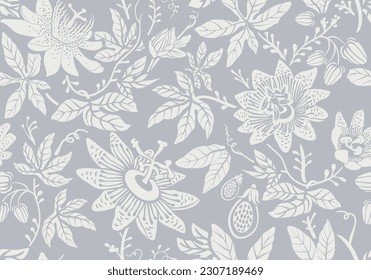 Seamless monochrome pattern with flowers. Wallpaper. Background with sketch climbing flowers. Retro graceful style. Design for textile, wallpaper, bed linen, paper, invitation, cover. Floral backdrop