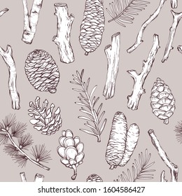 Seamless monochrome pattern with forest branches and cones. Forest collection of coniferous branches and pine cones