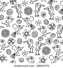 Seamless monochrome pattern with funny birds. 