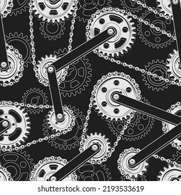 Seamless monochrome pattern with gears, bike chains, rivets, metal rails, contour gearwheels behind on a dark background. Vector illustration in steampunk style. For T-shirt pattern, textile