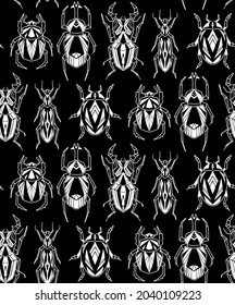 Seamless monochrome pattern with geometric chalk insects in row on black background. Vector texture with white geometric stag beetle, flying ant, ladybug. Animalistic wallpaper with hand drawn bugs