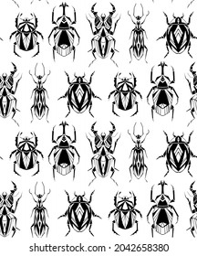 Seamless monochrome pattern with geometric insects in row on white background. Vector texture with black geometrical stag beetle, flying ant, ladybug. Stylish wallpaper with hand drawn bugs