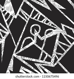 Seamless monochrome pattern with graphic hand drawn abstract geometric ornament. Vector illustration