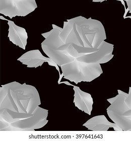 Seamless monochrome pattern with gray roses on black background, vector illustration.