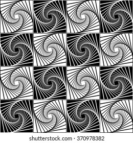 Seamless monochrome pattern with grid of twirly, spiral tiles