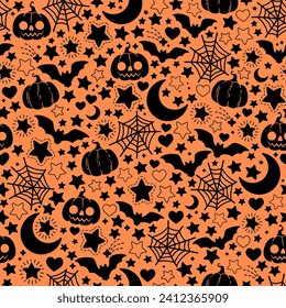 Seamless monochrome pattern of halloween elements. Background with bats, pumpkins and stars