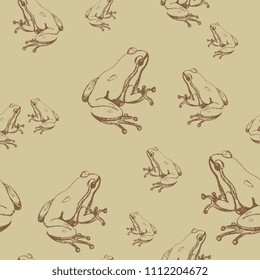 Seamless monochrome pattern with hand drawn silhouetted sketches of frogs.