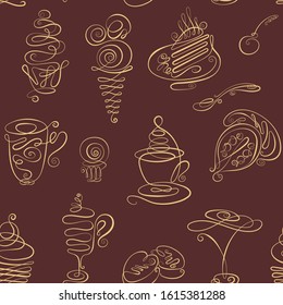 Seamless monochrome pattern with Hand drawn line art doodles with coffee, tea, latte, cappuccino, cakes, dessert, chocolate, sweets, cake, ice cream for your design Vector illustration