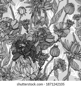 Seamless monochrome pattern with hand drawn flowers and brunchs. Vector illustrations.