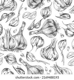 Seamless monochrome pattern with hand drawn cloves and slices of garlic sketch style, vector illustration on white background. Black outlined design for packaging and wrapping