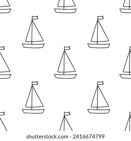 Seamless monochrome pattern with hand drawn doodle boat or sailboat. Doodle vector illustration isolated on white