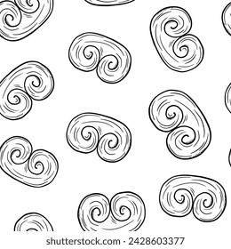 Seamless monochrome pattern with hand drawn pretzel on white background. Doodle vector food sketch