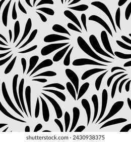 Seamless monochrome pattern with hand drawn leaves shapes, floral minimalistic background. Could be used as texture, wallpaper, print.