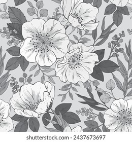 Seamless monochrome pattern with Hand drawn flowers and eucalyptus. Vector illustration