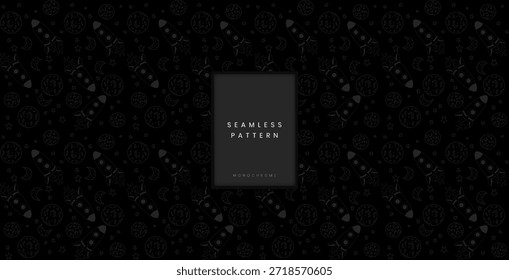 Seamless monochrome pattern with hand drawn space rocket ship moon and stars doodle on black background for kids fabric or gift wrap