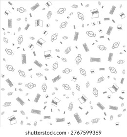 Seamless monochrome pattern with hand drawn laptops, keyboards, watches and voice recorders. Minimal tech line art.