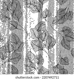Seamless monochrome pattern with  hand-drawn abstract branches on texture background. Vector. Perfect for wallpaper, wrapping, fabric and textile. 