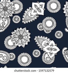 Seamless monochrome pattern with  hand-drawn elegant  paisley elements on a dark blue background.