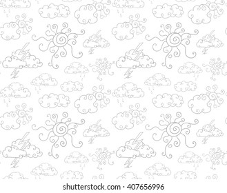Seamless monochrome pattern with hand-drawn icons with clouds, sun, rain and lightning