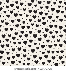 Seamless monochrome pattern with hearts and dots. Vector repeating texture.