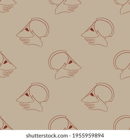 Seamless monochrome pattern with human hands holding war helmets. Ancient Greek vase painting style.