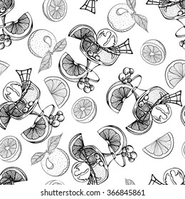 Seamless monochrome pattern with ice cream with oranges and berries 