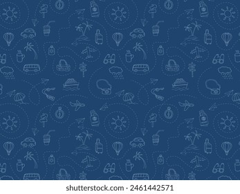 Seamless monochrome pattern. Icon set of elements for summer vacation travel, hand drawn vector doodles in line style. Line contour  in sketch style.