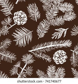 Seamless monochrome pattern with image of a Coniferous branches and pine cone on a dark background. Vector illustration.