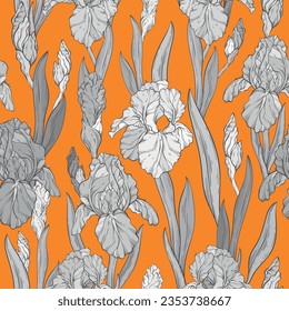 Seamless monochrome pattern with iris flowers and leaves, orange background. Spring floral botanical print. Vector illustration.