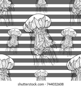 Seamless monochrome pattern with jellyfish and grey stripes. Vector illustration.