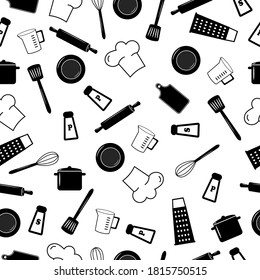 Seamless monochrome pattern with kitchen utensils. Vector monochrome illustration on a white background.